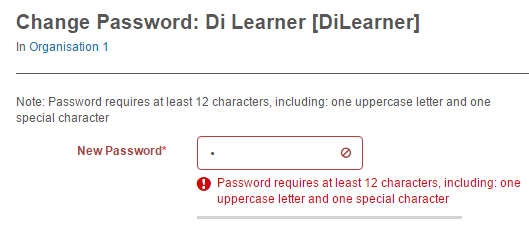 Change Password screen with custom hint