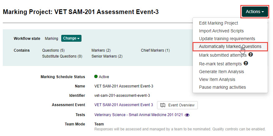 Automatically Marked Questions option in the Actions menu