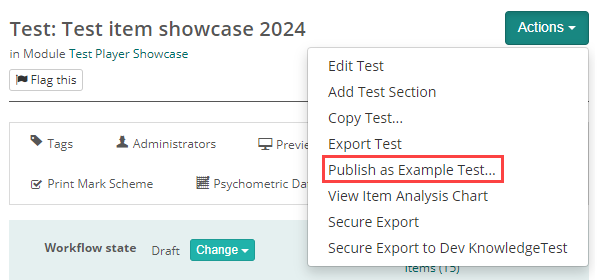 Publish as Example Test option in the Actions dropdown