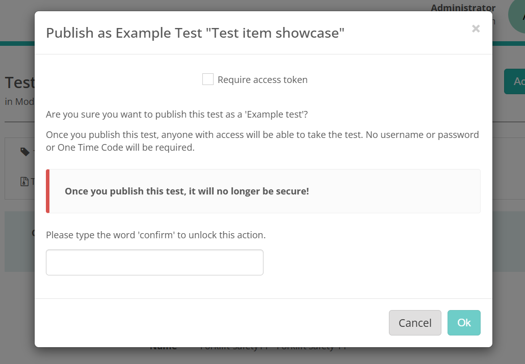 Publish as Example Test confirmation modal with the Require access token checkbox and the confirm box