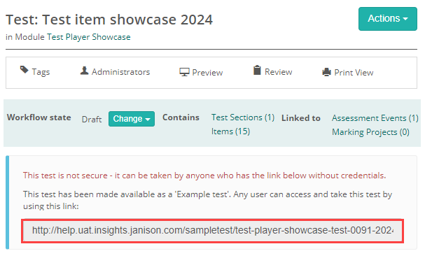 Example test link shown on the test page after publishing