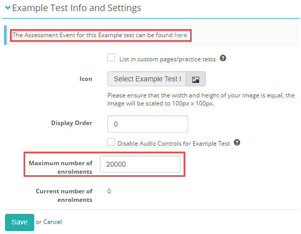 Example Test Info and Settings expandable on a published example test