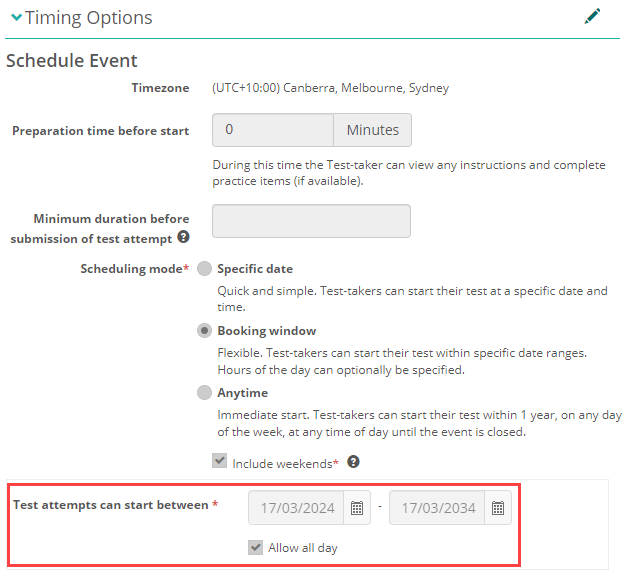 Timing Options on the auto-created assessment event showing a 10-year window