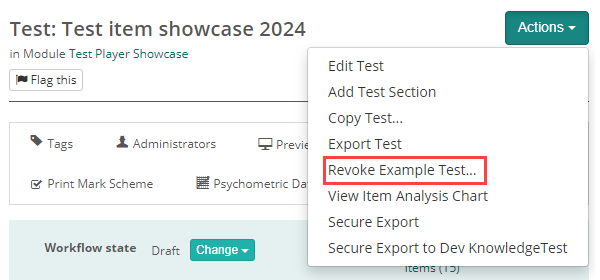Revoke Example Test option in the Actions dropdown