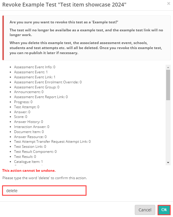 Revoke Example Test confirmation modal with delete typed