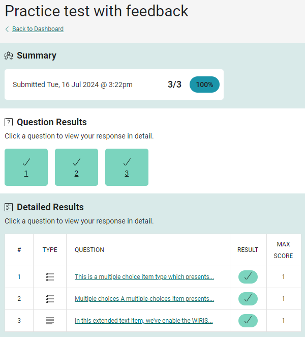 Feedback page showing Summary, Question Results and Detailed Results for a 3-item practice test
