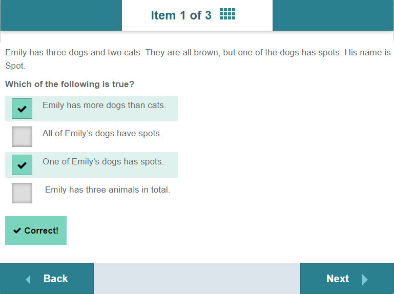 Item opened from the feedback page in the test player with the correct answers marked