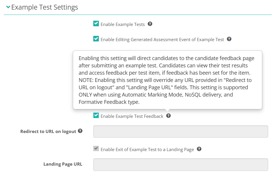 Enable Example Test Feedback checkbox with its help text