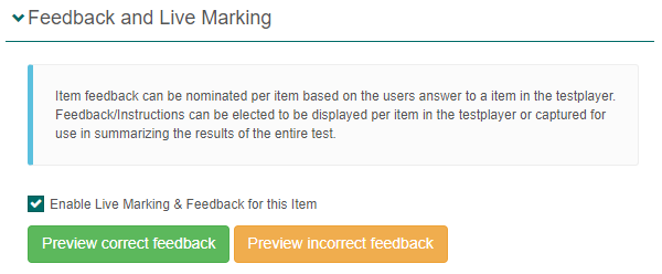 Feedback and Live Marking section on an item with the enable checkbox selected