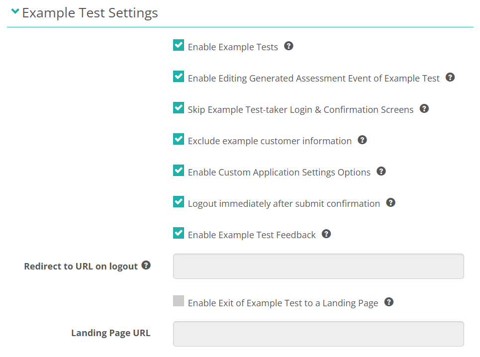 Example Test Settings with Enable Example Test Feedback on and the three URL settings greyed out