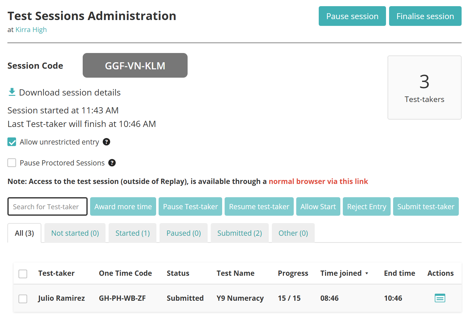The Test Sessions Administration dashboard, with 10 labelled areas: the session buttons, session code, download link, entry and proctoring options, test-taker count, test-taker buttons, status filters, test-taker list and Actions column
