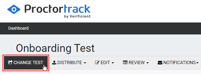 Instructor dashboard with CHANGE TEST button selected