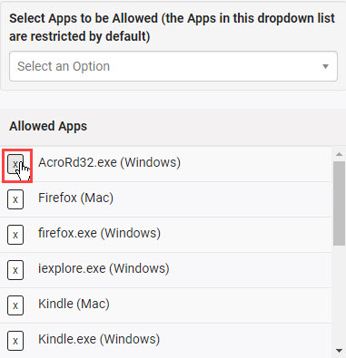Allowed Apps list with remove button highlighted