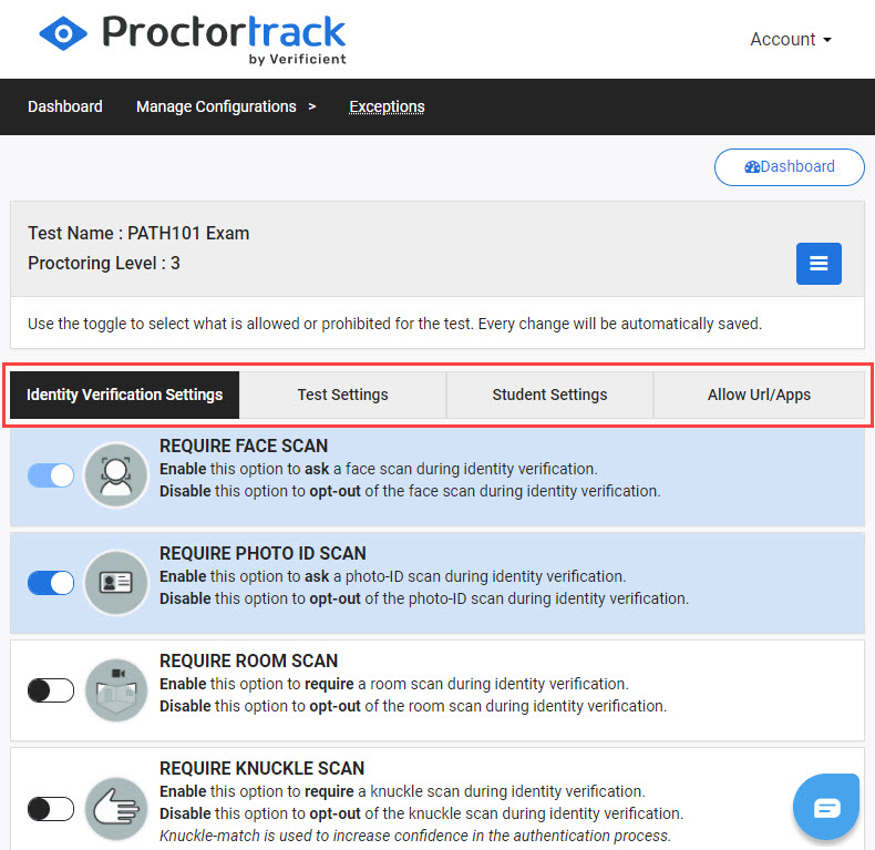 Manage Configurations screen with four tabs highlighted