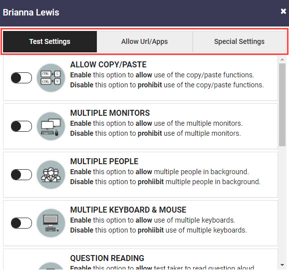 Special Settings popup for a candidate