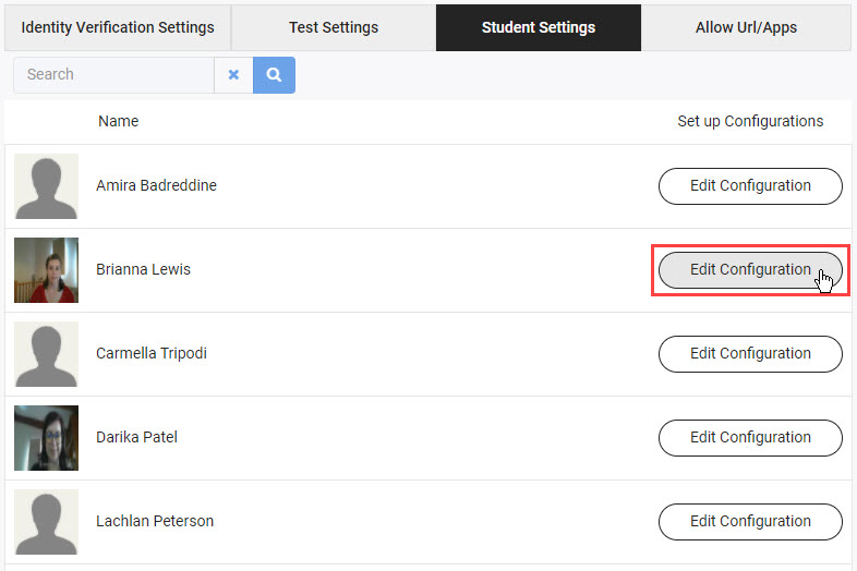 Student Settings tab with Edit Configuration button highlighted