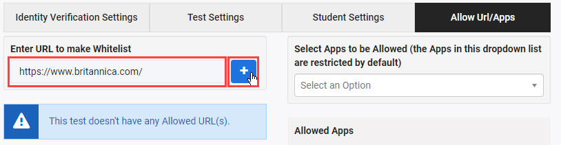 Allow URL/Apps tab with whitelist field highlighted