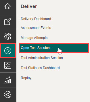 Janison Insights Menu with Deliver icon and Open Test Sessions