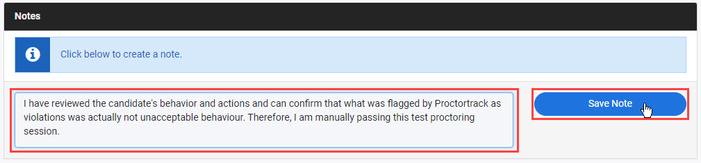 Notes section with text entered and Save Note button