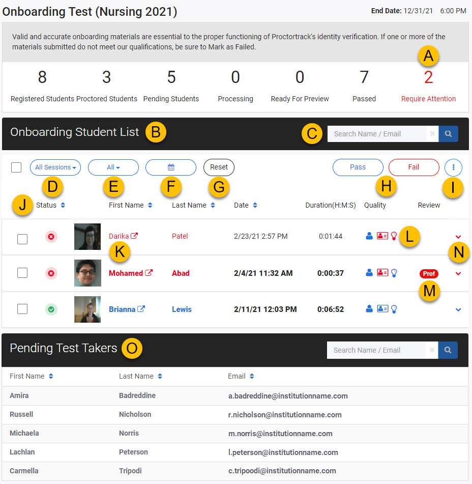 Proctortrack onboarding test dashboard