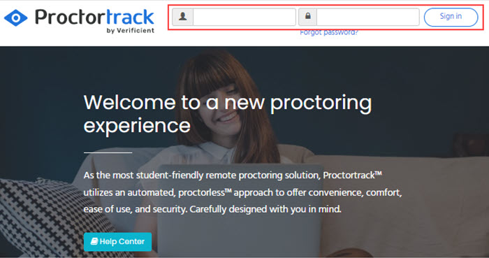 The Proctortrack home page. The username field, password field and Sign in button are highlighted.