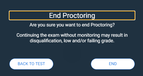 Proctortrack screen to confirm ending the test 