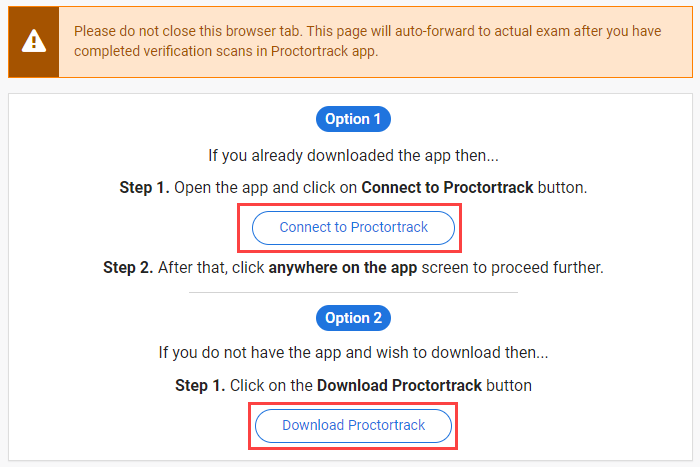 the screen where you select to download or launch proctortrack