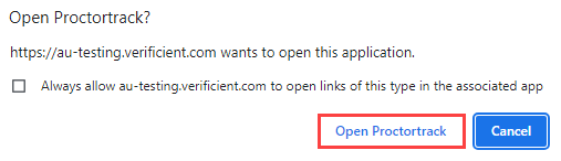 A browser popup with 'open Proctortrack' link highlighted.