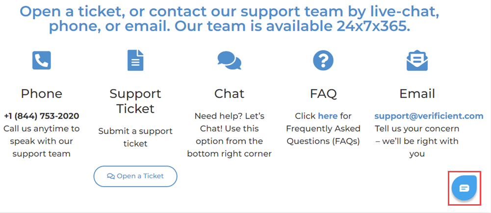 Proctortrack support page with the live chat button highlighted