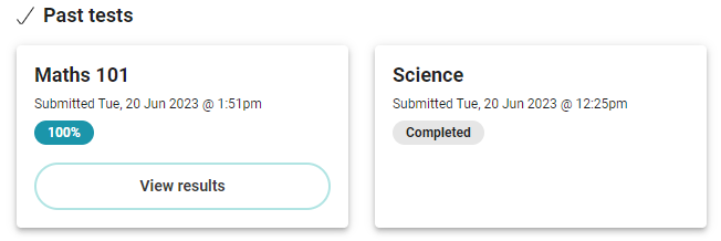 Two past test tiles on the candidate dashboard