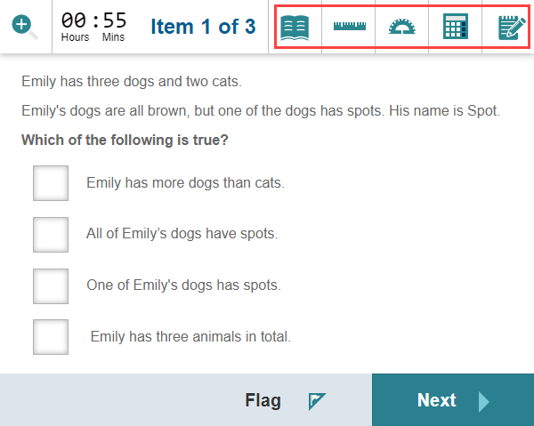 Test player with the test-taker tools highlighted at the top right of the screen