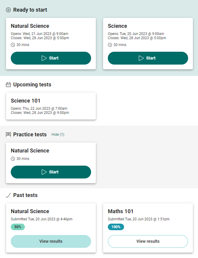 Candidate dashboard with practice test visible