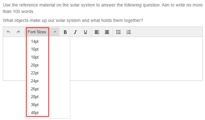 text editor with font sizes highlighted.