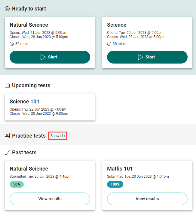 Candidate dashboard with practice test hidden