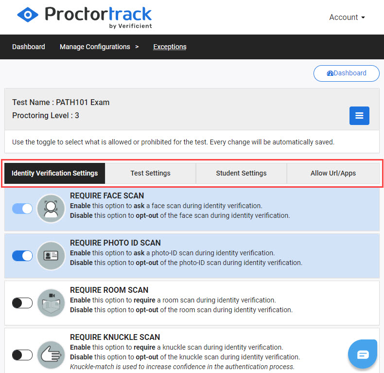 The Proctortrack Manage Configurations screen with the four configurations categories highlighted. 
