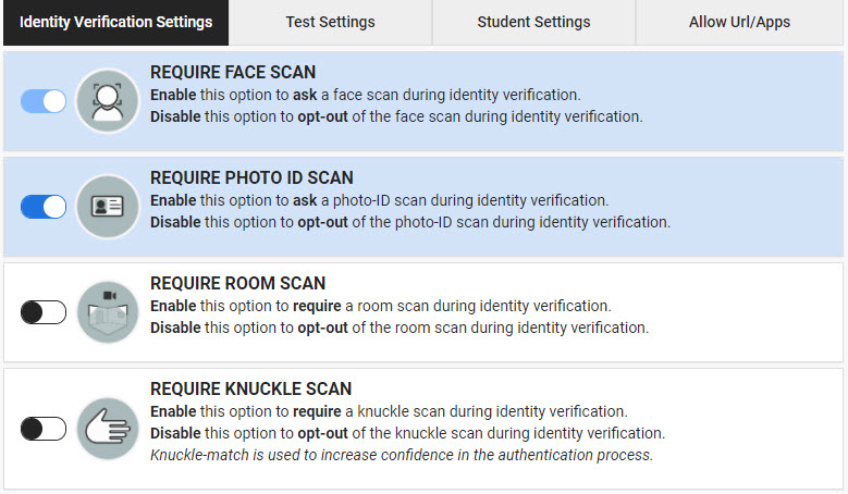 The Proctortrack Manage Configurations, Identity Verification Settings screen. 