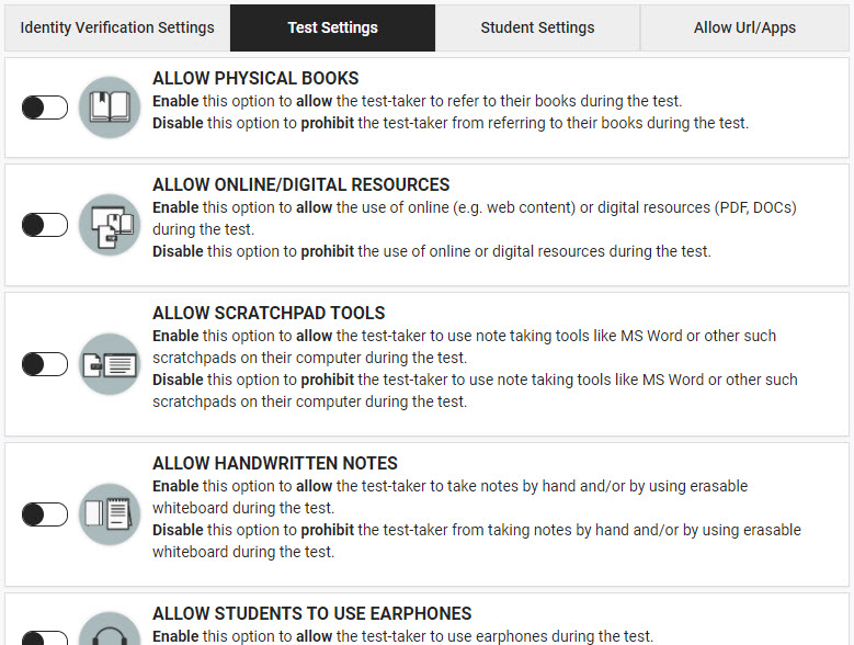 The Proctortrack Manage Configurations, Student Settings screen. 