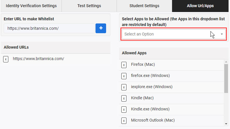 Allow Url/Apps tab with Select an Option drop-down highlighted.