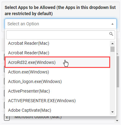 Select an Option drop-down with AcroRd32.exe(Windows) highlighted.