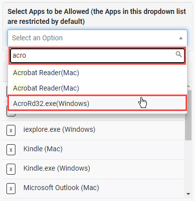 Select an Option drop-down with text 'acro' entered into seacrh field and option AcroRd32.exe(Windows) highlighted in the filtered list of results.