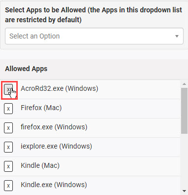 Allowed Apps list with x button next to app highlighted.