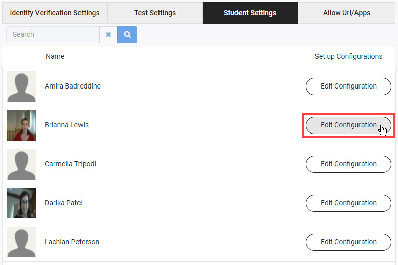 Student Settings tab candidate list with Edit Configuration button next to a candidate highlighted.