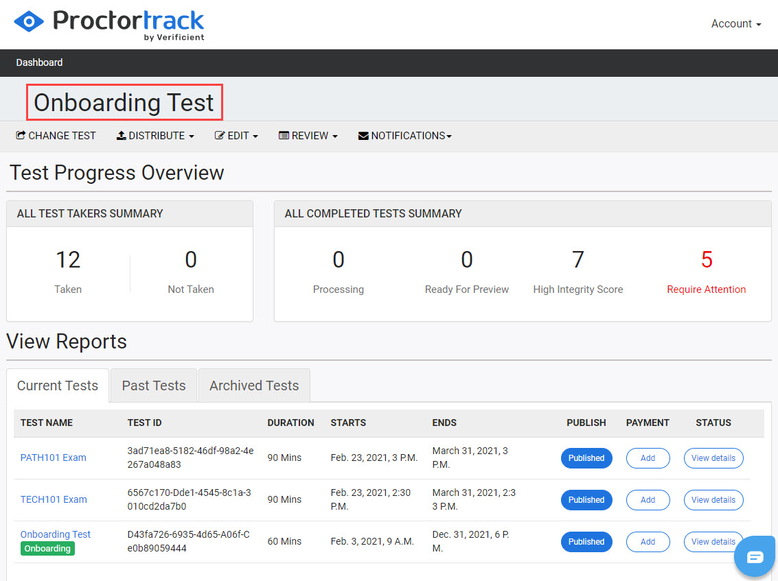 Instructor dashboard in Proctortrack, with active test name highlighted.