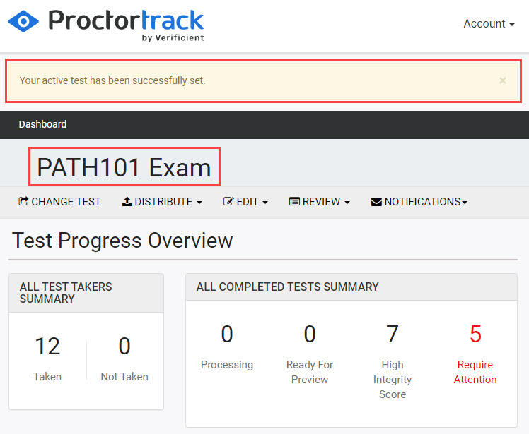 Instructor dashboard in Proctortrack, with active test set notification and active test name both highlighted.