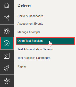 Janison Insights Menu, with Deliver icon and Open Test Sessions options selected.