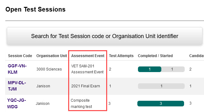 Open Test Sessions screen with Assessment Event column highlighted.
