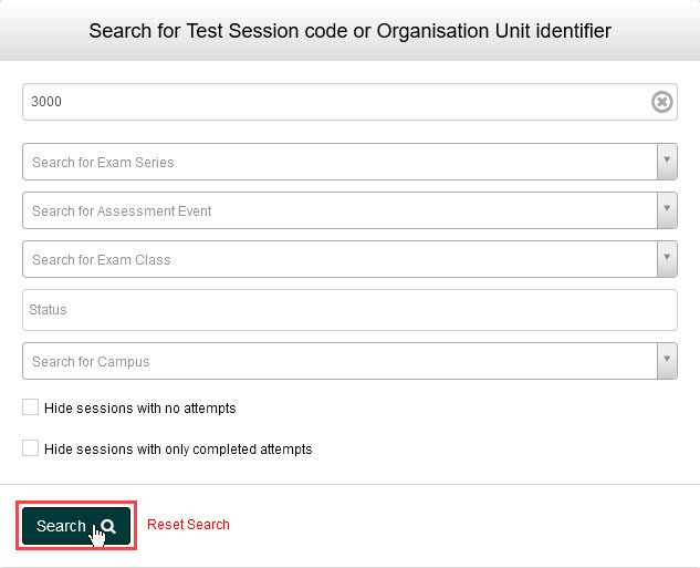 Open Test Sessions search feature with a search term entered and Search button highlighted.