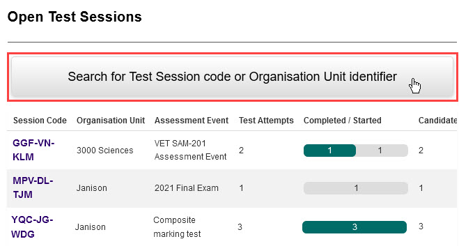 Open Test Sessions screen with search expandable section highlighted.