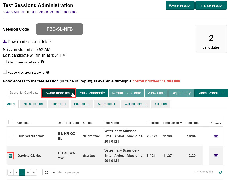 The Test Session Administration dashboard with the checkbox next to a student selected and Award more time button highlighted.