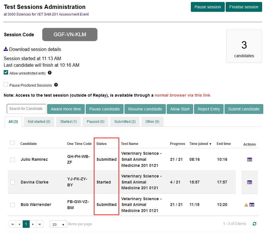 The candidate list on the Test Sessions Administration dashboard, with the Status column highlighted.